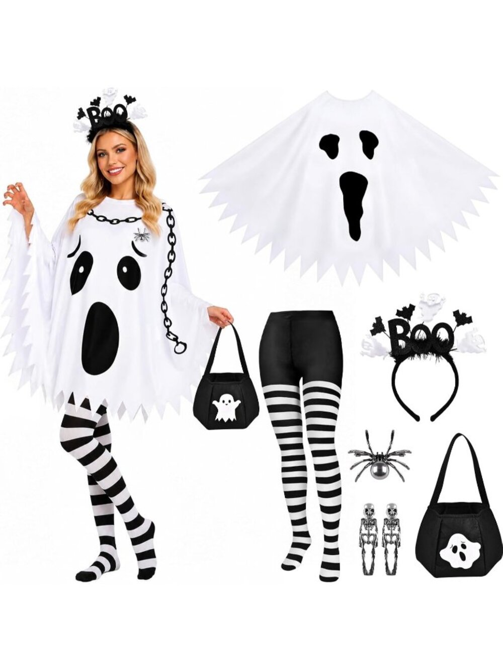 Women's Ghost 6 PCS Double Poncho Candy Brooch Cosplay Halloween Costume Set